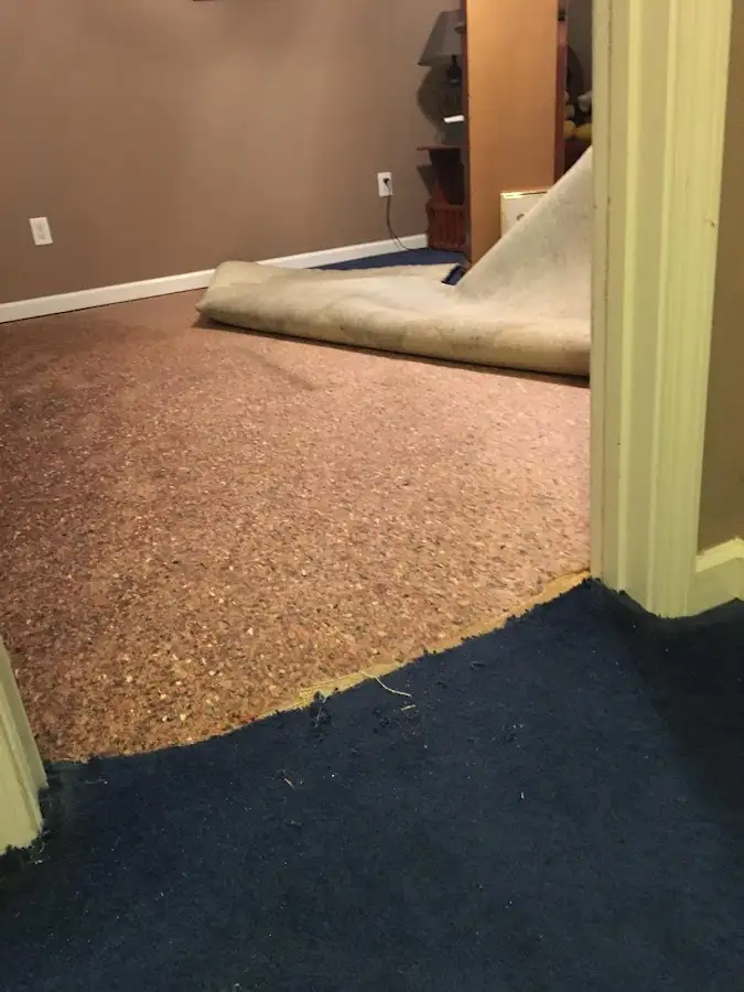 Carpet pad removal revealing water damage during Drying & Dehumidification in McSwain